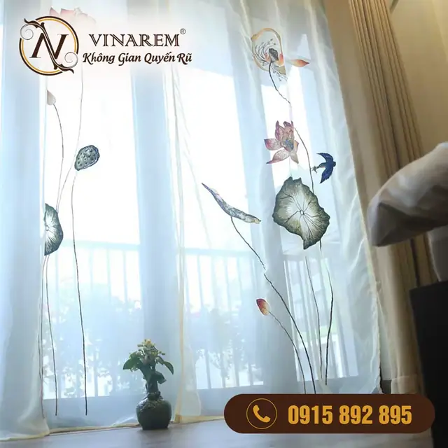 Rèm voan thêu cao cấp – Sen bói cá dành cho phòng ngủ BTN33