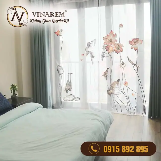 Rèm voan thêu cao cấp sen rũ cho không gian phòng ngủ BTN34