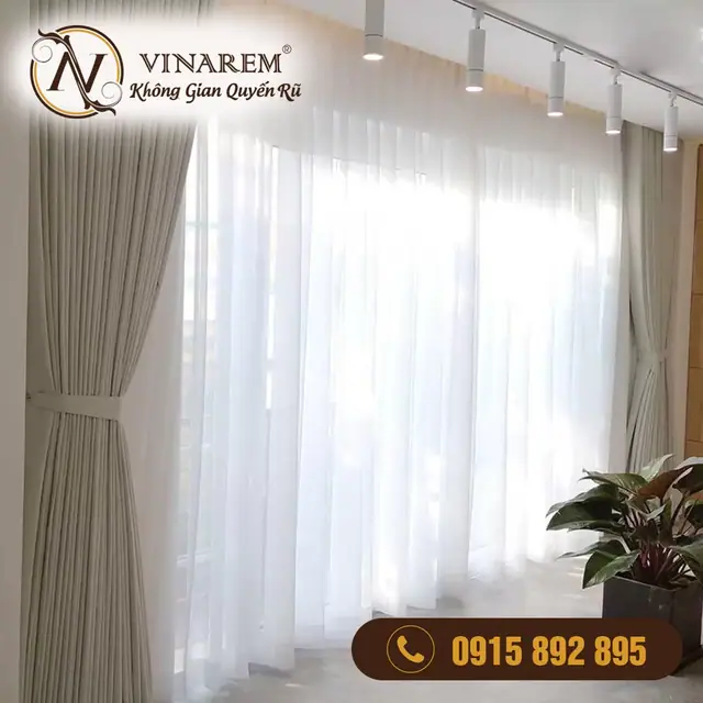 Rèm vải hai lớp màu ghi cho phòng khách BTK30