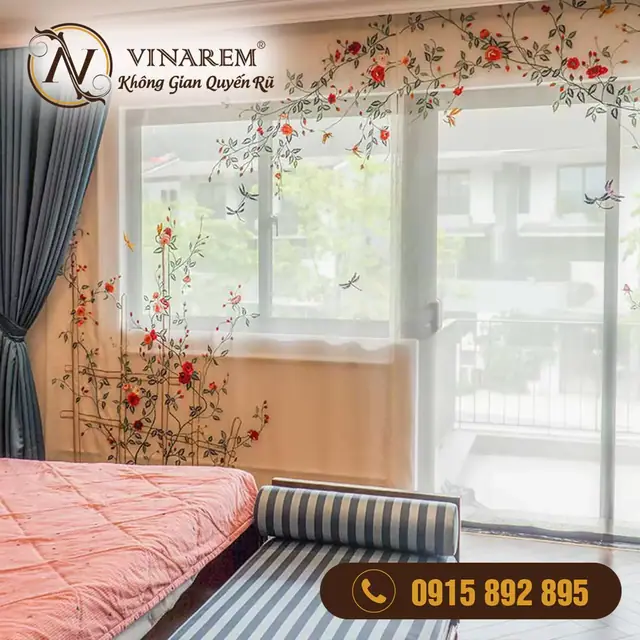 Rèm thêu vườn hồng gai cho phòng ngủ BTN35