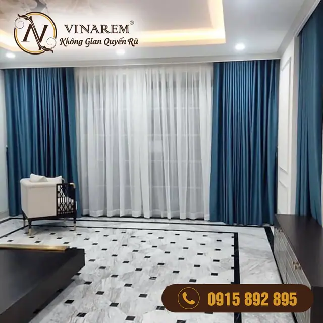 Rèm vải hai lớp màu xanh cho phòng khách BTK31