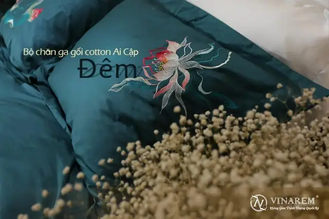 Bộ chăn ga gối thêu cotton Ai Cập cao cấp: “Đêm”