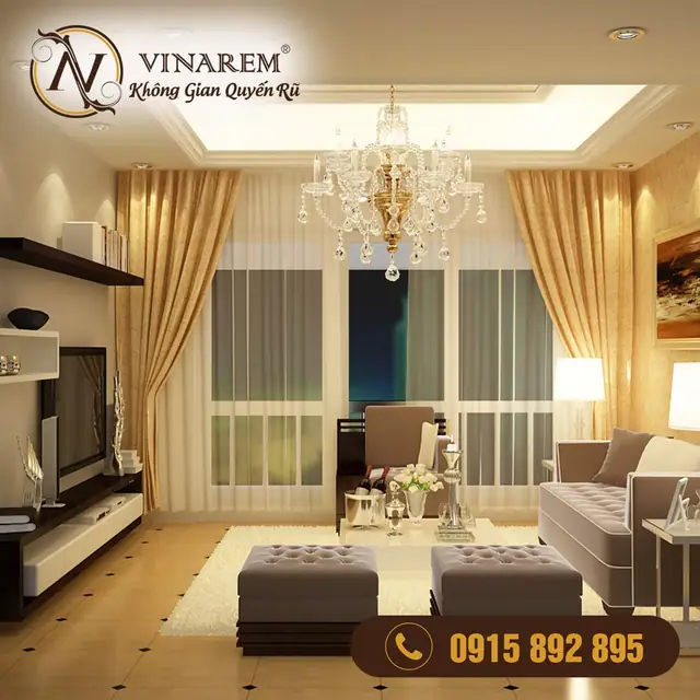 Rèm vải 1 lớp màu vàng đồng cho phòng ngủ căn hộ CCN48