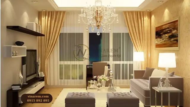 Rèm vải 1 lớp màu vàng đồng cho phòng ngủ căn hộ
