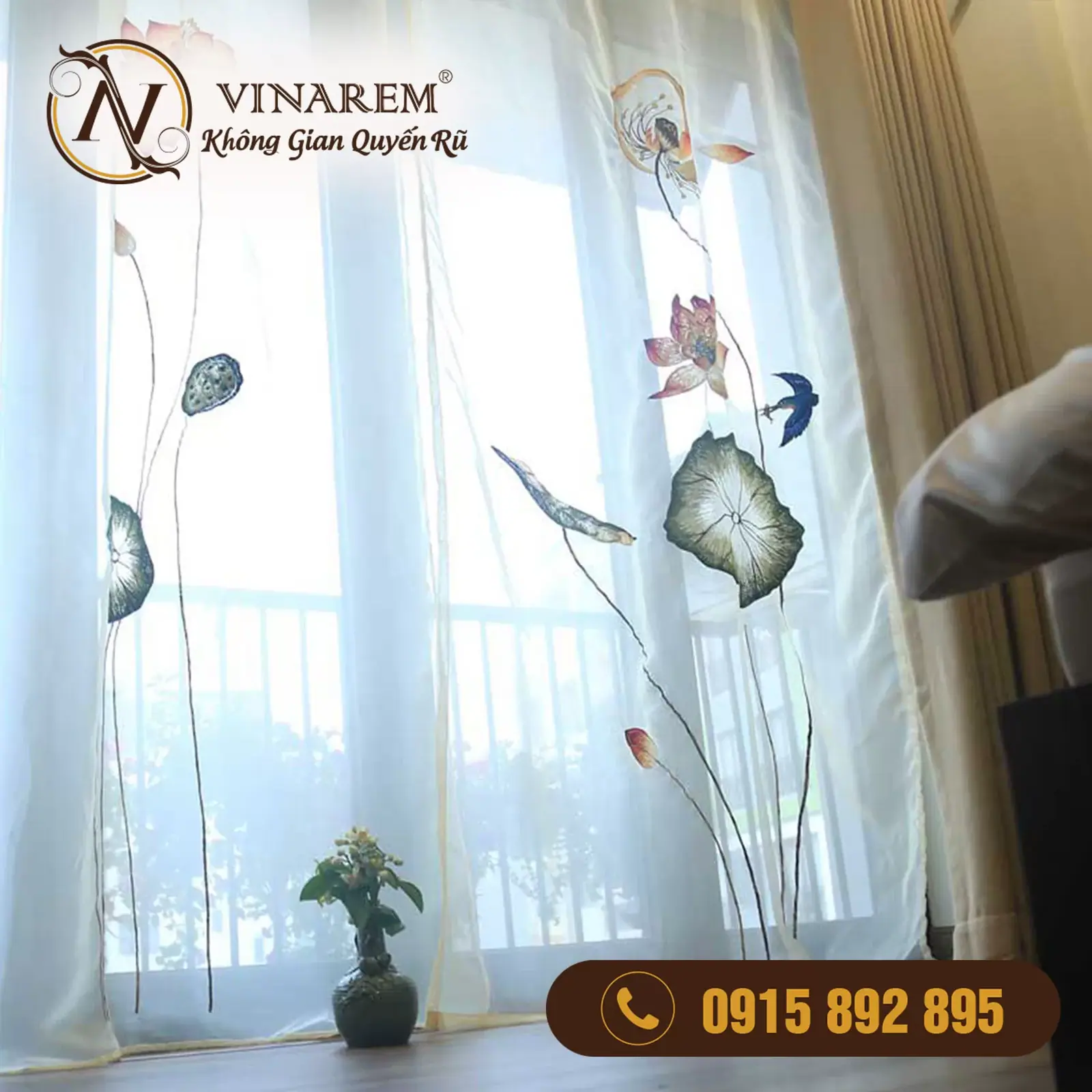 Rèm voan thêu cao cấp – Sen bói cá dành cho phòng ngủ BTN33
