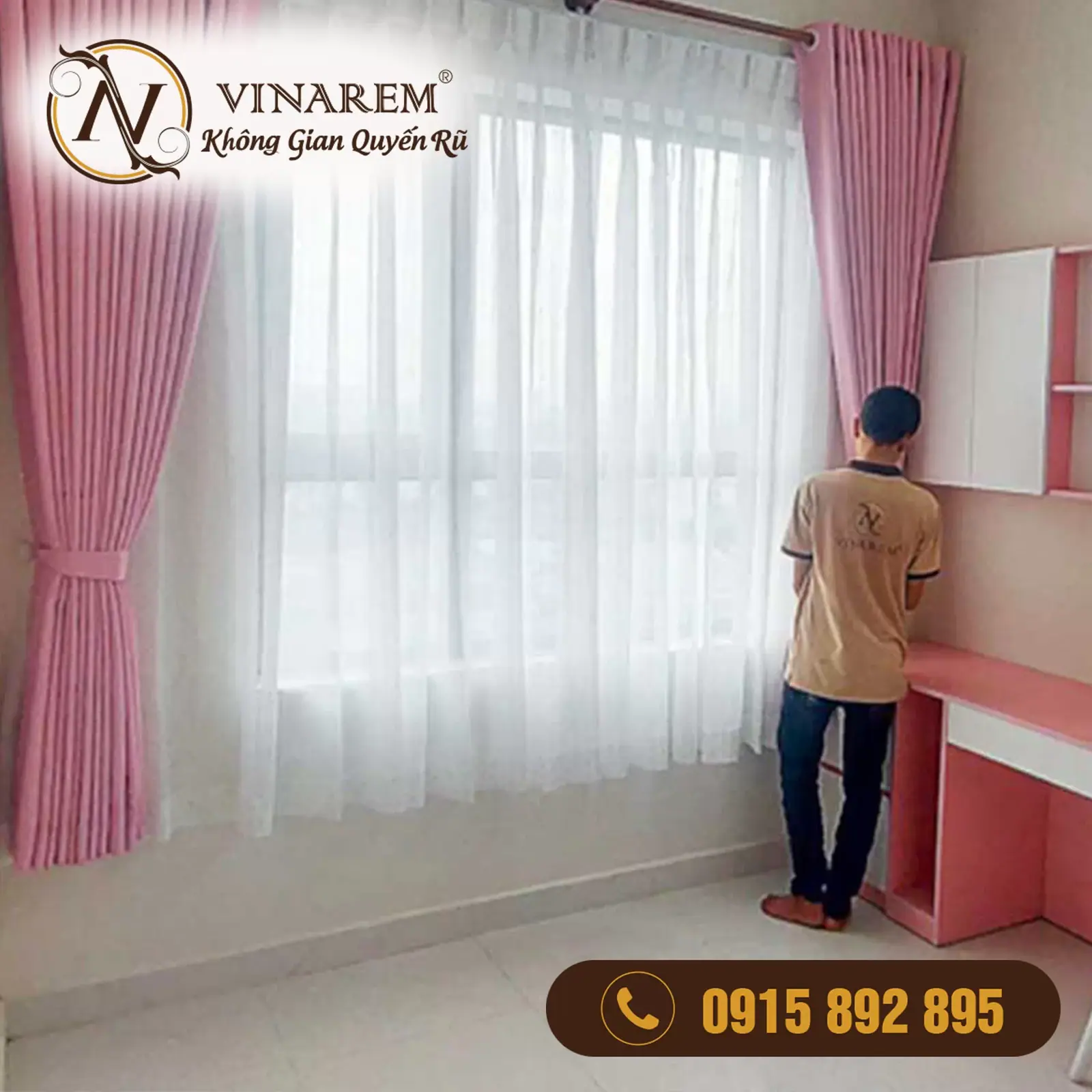 Rèm vải hai lớp màu hồng dành cho phòng ngủ bé gái CCN31