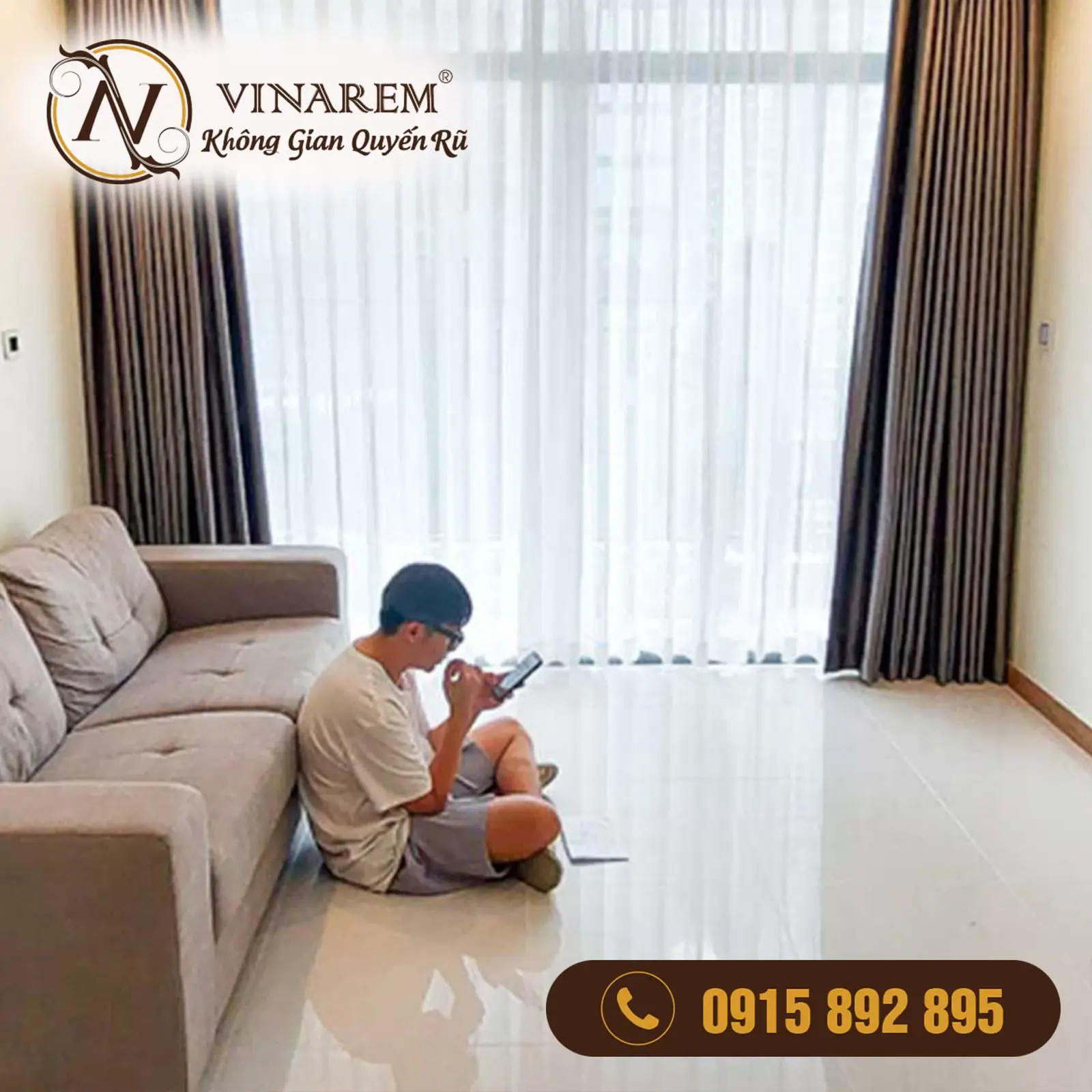 Rèm vải hai lớp màu nâu chống nắng cho phòng khách CCK03