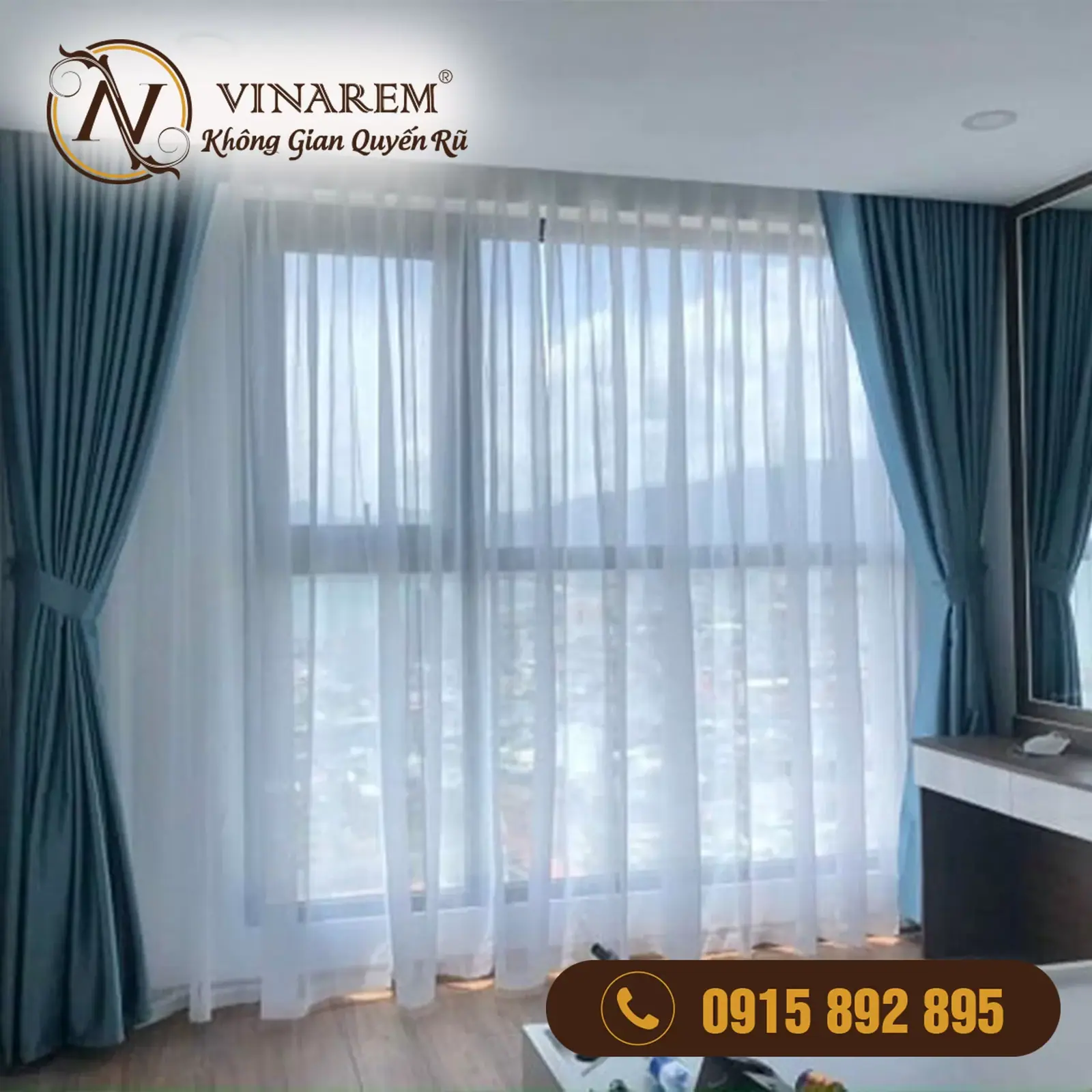 Rèm vải hai lớp màu xanh dương cho phòng ngủ bé gái BTN31