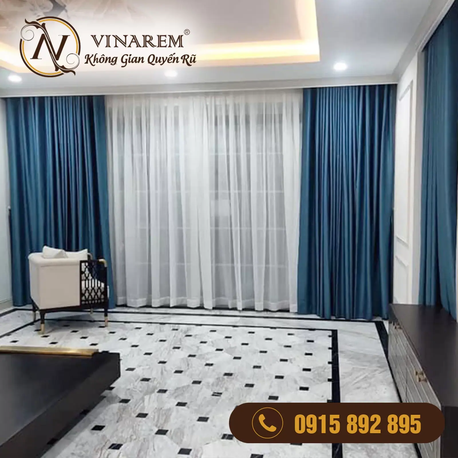 Rèm vải hai lớp màu xanh cho phòng khách BTK31