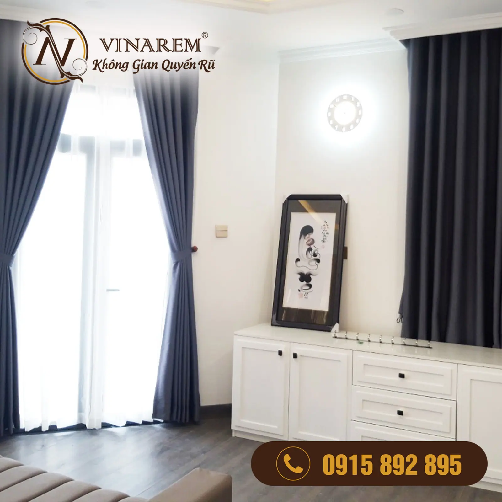 Rèm vải hai lớp màu xám đen cao cấp cho phòng ngủ BTN23
