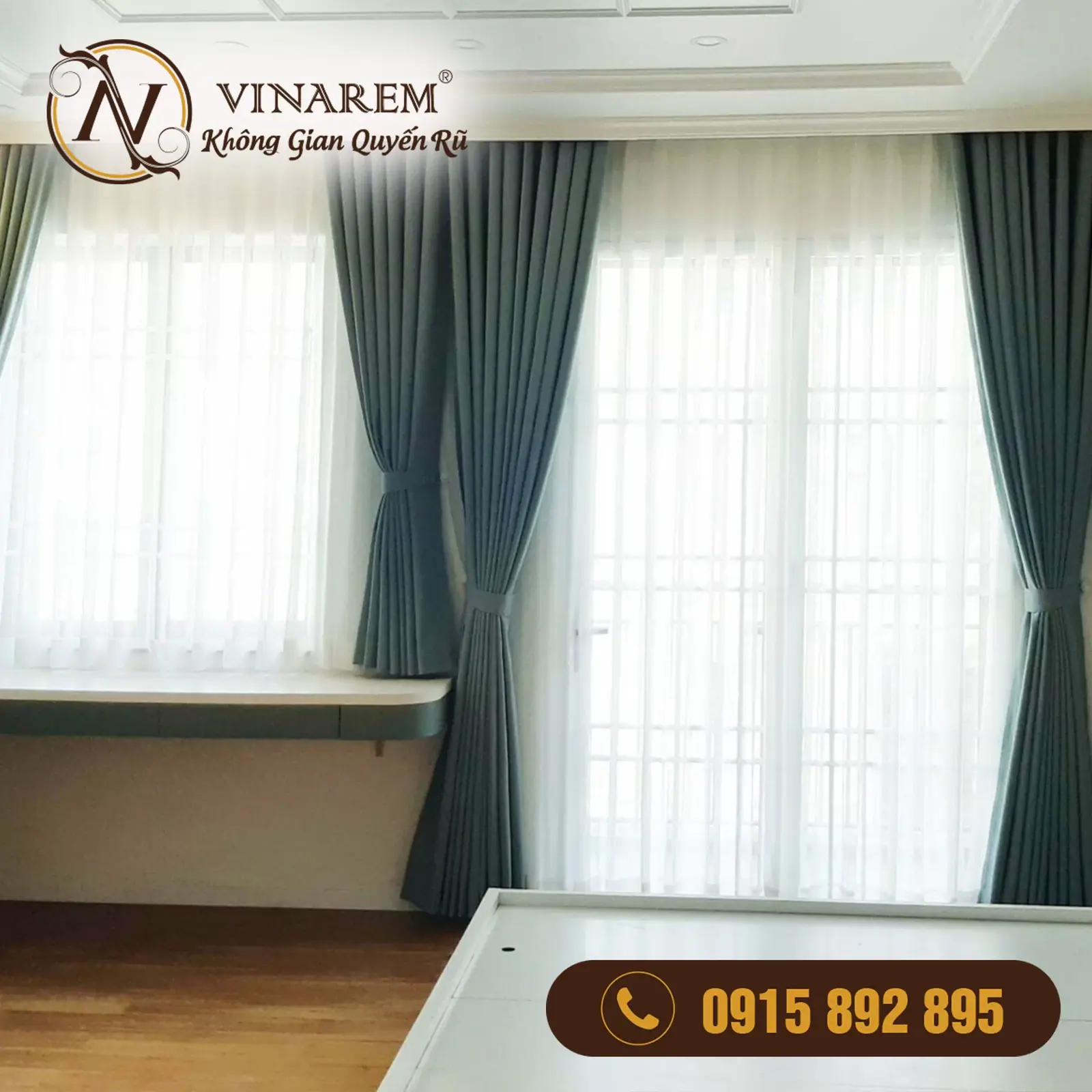 Rèm vải cản nhiệt màu xanh ngọc dành cho phòng ngủ BTN24