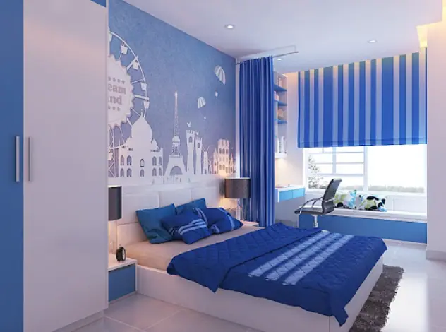 tường màu xanh chọn rèm màu gì