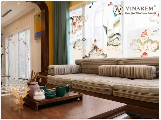 Rèm vải có họa tiết hoa sen